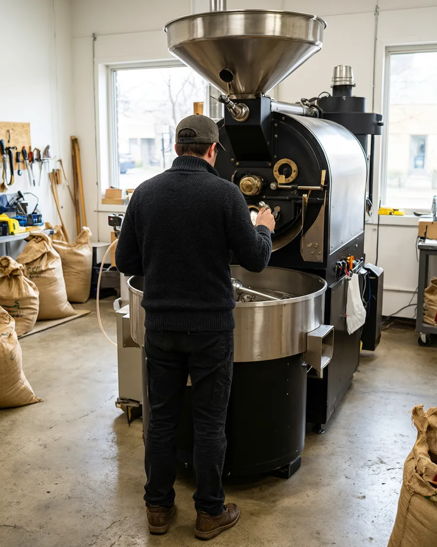 A roaster working the drum at the Nudge roastery